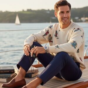 Vtg Neiman Marcus Cotton Golf Print Sweater Size Large Union Made Made In USA